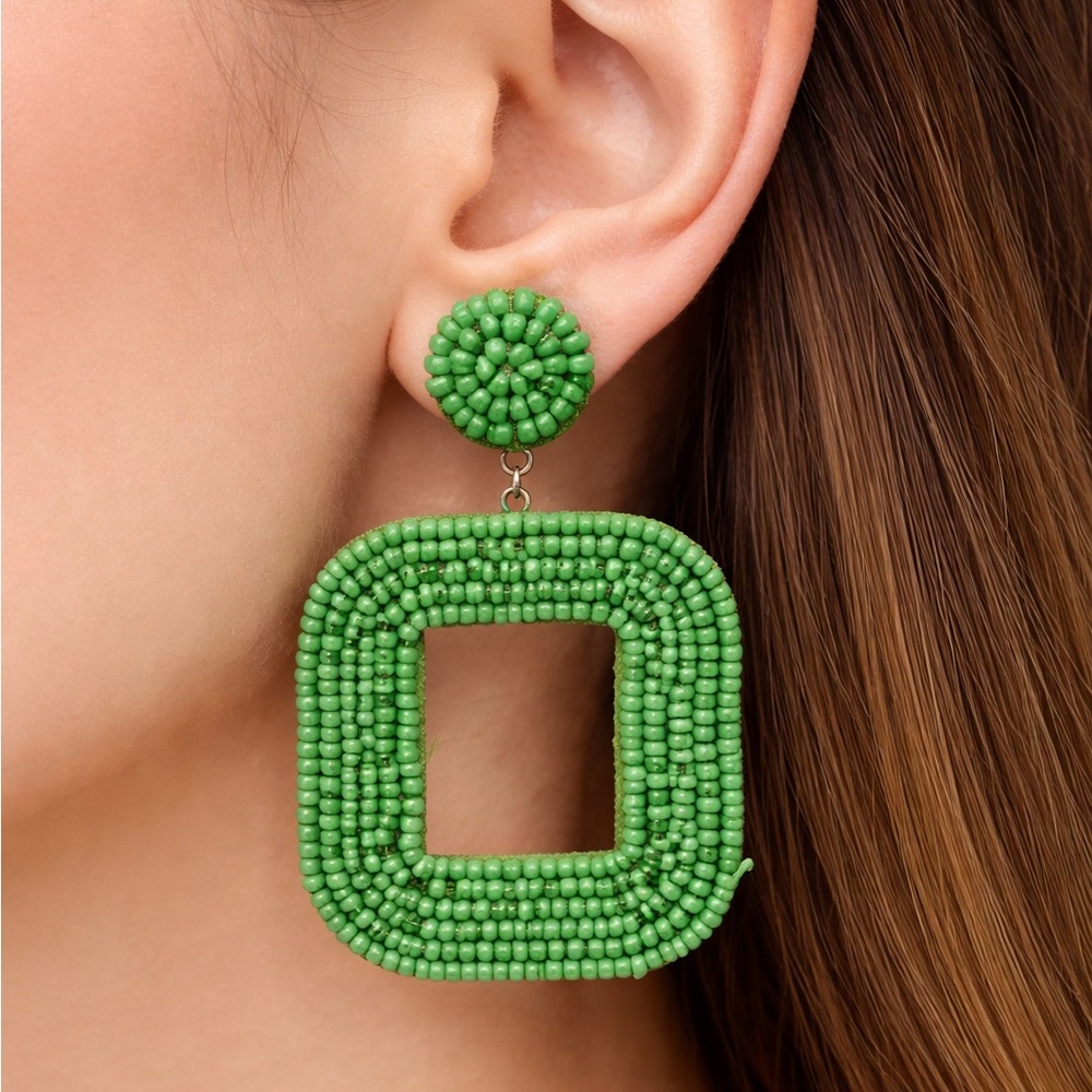 Green Beaded Square Drop Earrings | Boho Statement Jewelry